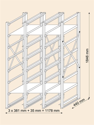 Massskizze Basis-Weingestell. Beliebig erweiterbar &ndash; Platzbedarf pro Erweiterungssatz 381 mm